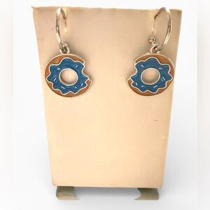 Donut Charm Hoop Earrings – Blue & Tan Enamel, Playful Statement Style